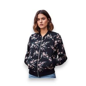 Lila Rose Black Retro Chic Floral Bomber Jacket Womens  Medium Floral
